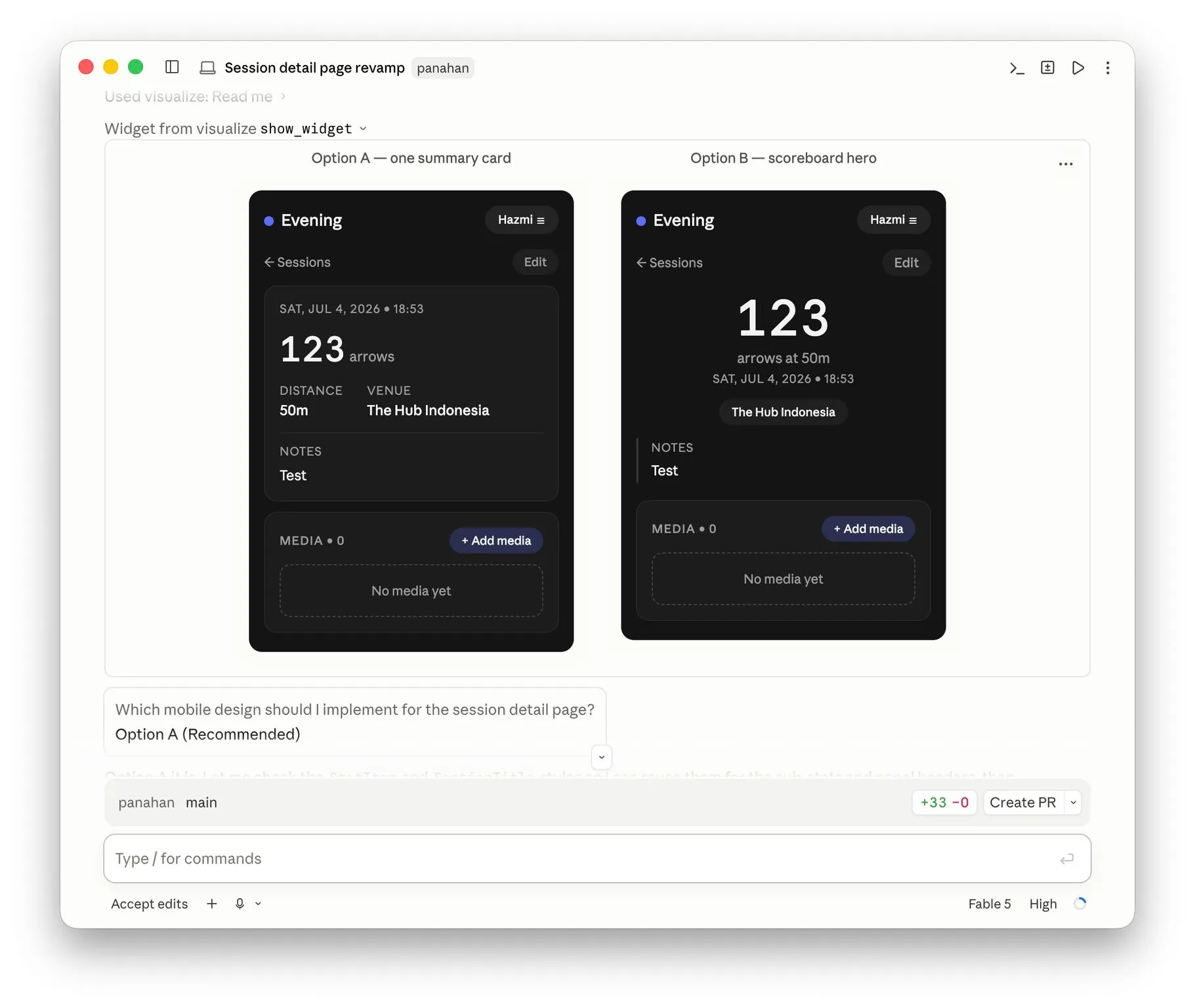 Screenshot of an AI coding session showing two mockups of the archery app session detail page side by side, Option A as a summary card and Option B as a scoreboard-style big number, followed by the question of which design to implement.
