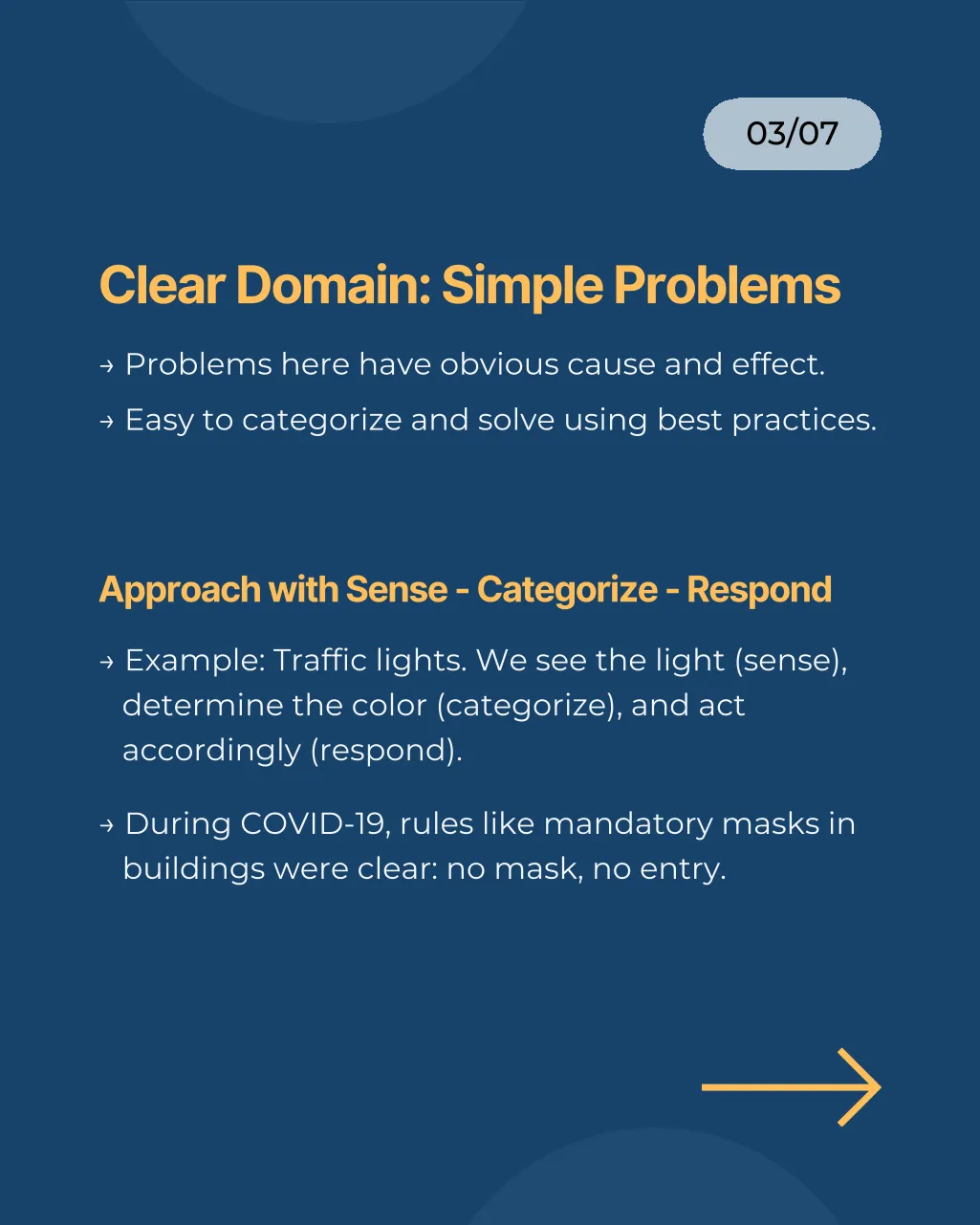 Slide 3 of 7: Clear domain, simple problems: approach with sense, categorize, respond. Examples: traffic lights; mask rules during COVID-19.