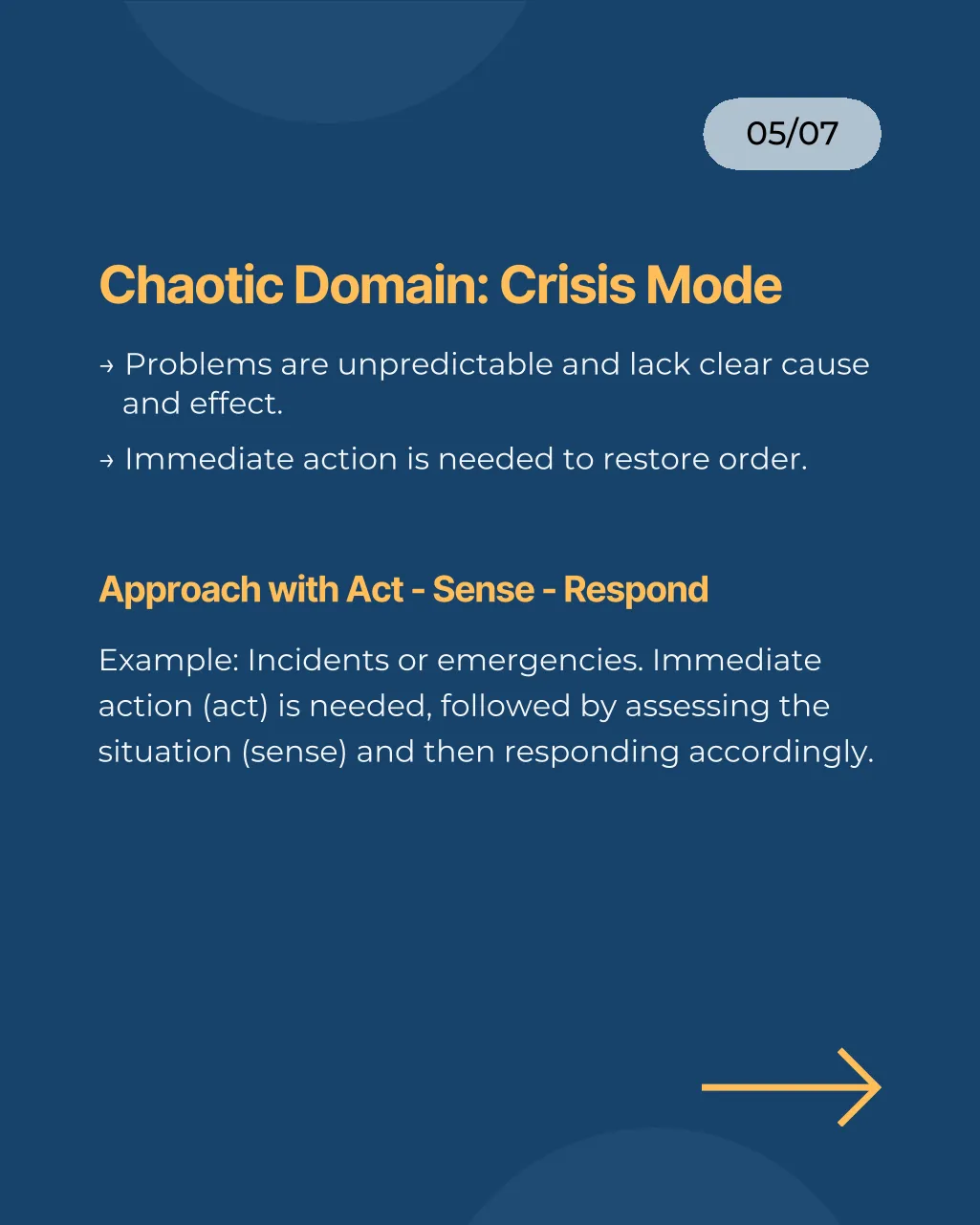Slide 5 of 7: Chaotic domain, crisis mode: approach with act, sense, respond. Example: incidents and emergencies.