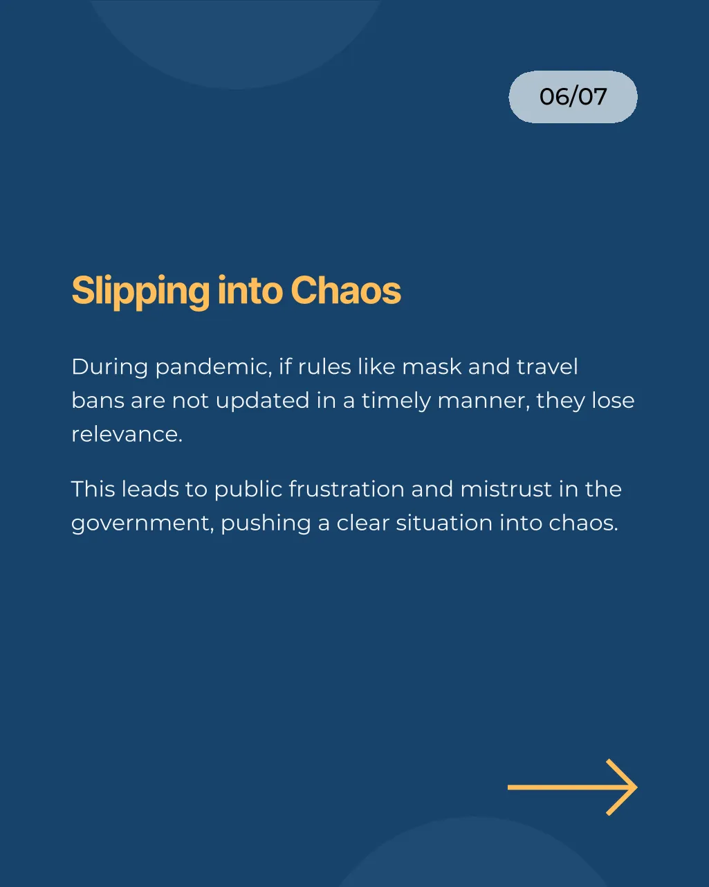 Slide 6 of 7: Slipping into chaos: pandemic rules that are not updated in time lose relevance and erode trust.